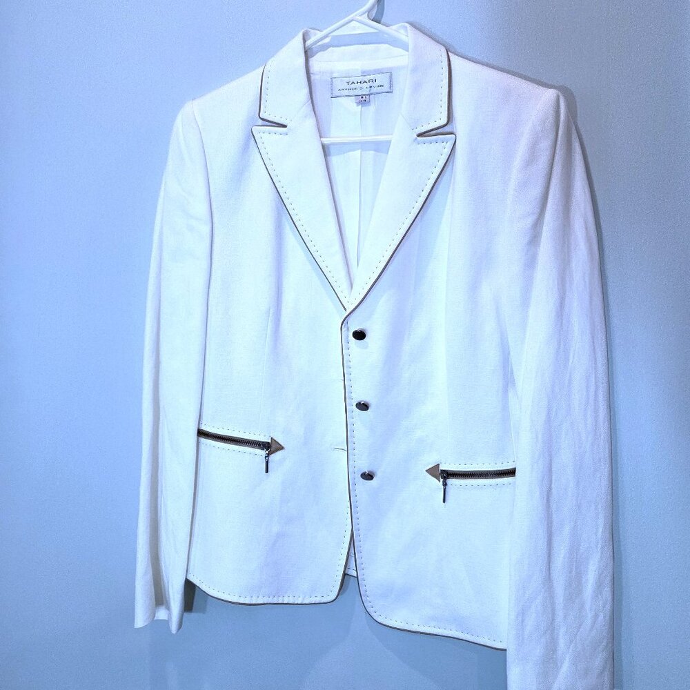 Tahari White with Leather Trim Linen Blend Suit Jacket Size 8